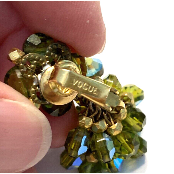 Vogue Clip On Earrings Drop Dangle Bead Clusters AB Green Blue Gold Mid Century - Picture 3 of 10